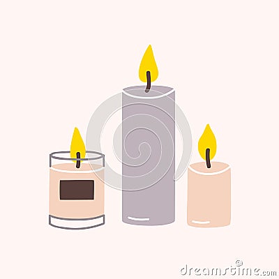 Burning wax or paraffin aromatic candles for aroma therapy isolated on light background. Cute hygge home decoration Vector Illustration