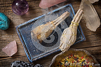 Burning white sage incense Stock Photo