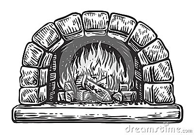 Oven for cooking and baking. Burning wood, firewood in a stone fireplace. Vector illustration Vector Illustration