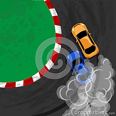 Burnout car, Japanese drift sport car. pair drift two cars on the turn of the racetrack. Vector illustration for sticker, poster Cartoon Illustration