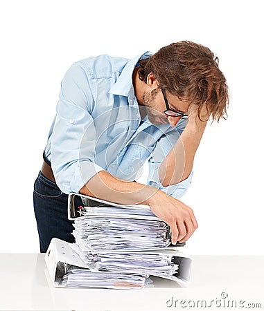 Burnout, headache and businessman with stack of paperwork for review, project and report. Thinking, stress and tired Stock Photo