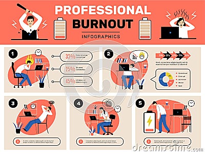 Burnout infographic template. Busy managers tired workers overload daily office routine stressed lifestyle recent vector Vector Illustration