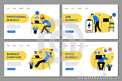 Burnout landing. Tired stressed office managers relax at work recent vector web page templates with place for text Vector Illustration