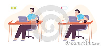 Burnout office worker. Exhausted woman working at computer with full and empty battery. Mental stress, busy overload employee Vector Illustration