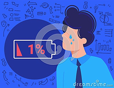 Burnout overwork business people flat vector illustration, cartoon frustrated employee businessman overworked in stress Vector Illustration