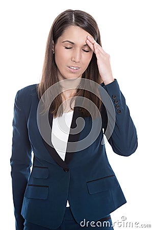 Burnout: overworked tired businesswoman in suit isolated on Whit Stock Photo
