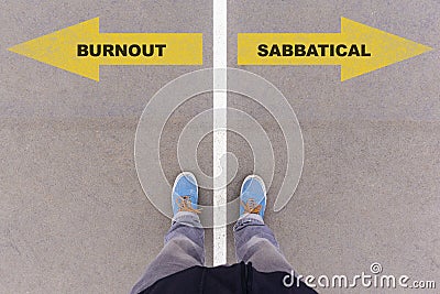 Burnout or sabbatical text on asphalt ground, feet and shoes on Stock Photo