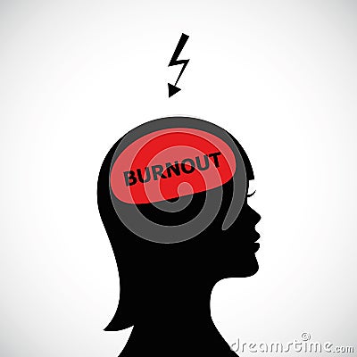 Burnout in womans head silhouette concept of stress, headache, depression Vector Illustration