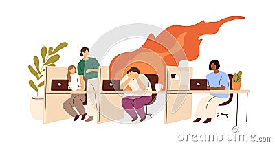 Burnout at work, psychology concept. Busy overworked office worker in stress, career crisis. Exhausted tired overloaded Vector Illustration