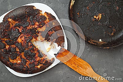 burnt food. carcinogen. plate and pan with leftovers from dinner. Stock Photo
