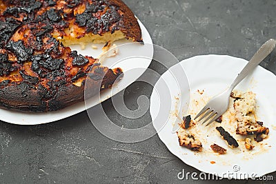 burnt food. carcinogen. plate and pan with leftovers from dinner. Stock Photo