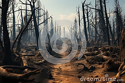 Burnt forest, dead trees. Wildfire disaster Stock Photo
