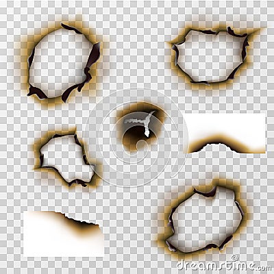 Burnt hole in paper or pergament, scorched papers vector set Vector Illustration