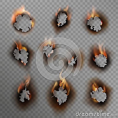 Burnt holes. Scorched paper hole, burned brown edge with flame. Fire in cracked dirty hole, realistic vector set Vector Illustration