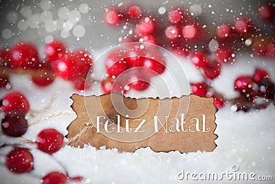 Burnt Label, Snow, Snowflakes, Feliz Natal Means Merry Christmas Stock Photo