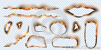 Burnt paper holes isolated set. Vector realistic fire scorched and torn edges of paper sheets with burned damages on Vector Illustration