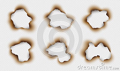 Burnt paper holes, scorched parchment, realistic torn edge with ash effect Vector Illustration