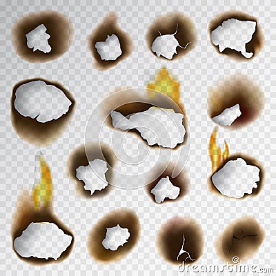 Burnt piece burned faded paper hole realistic fire flame page sheet torn ash vector illustration Vector Illustration