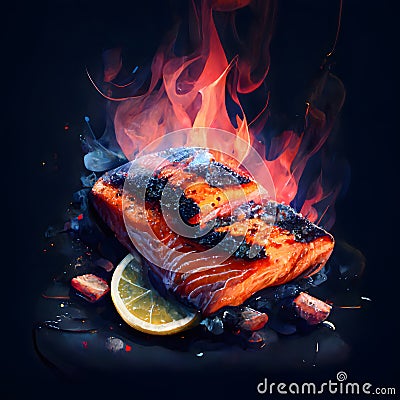 A burnt piece of salmon lies on fire. Charcoal, lemon. Fire, dark background. Generative AI content. Stock Photo