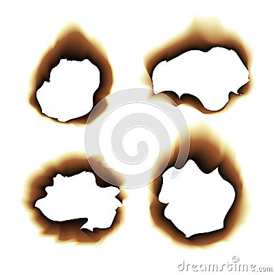 Burnt scorched paper hole illustration on white background Stock Photo