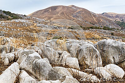 Burnt Winter Landscape at Hiraodai Karst Plateau Stock Photo