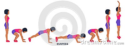 Burpee. Burpees. Sport exersice. Silhouettes of woman doing exercise. Workout, training Cartoon Illustration