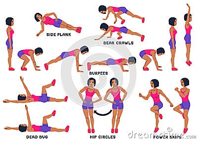 Burpees, bear crawls, hip circles, dead bug, side plank, power skips. Sport exersice. Silhouettes of woman doing exercise. Workout Cartoon Illustration