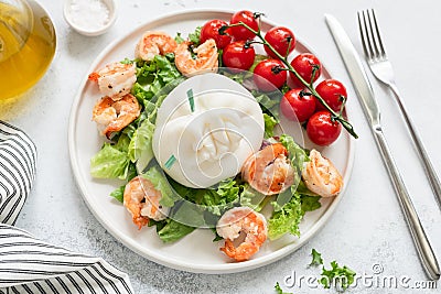 Burrata salad with shrimps, lettuce, tomatoes and olive oil Stock Photo