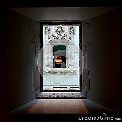 Burrell Museum in Glasgow, Polok Park, view through a stone window, historic architecture Stock Photo