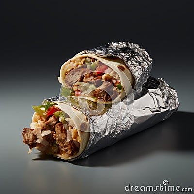 Photorealistic Foil-wrapped Burritos On Silver Background With Edgy Detailing Stock Photo