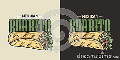 Burrito mexican food with meat and vegetable for logo or emblem. Traditional burritos latin fast food with tortilla Vector Illustration