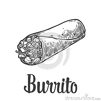 Burrito - mexican traditional food. Vector vintage engraved illustration for menu, poster, web. Isolated on white background. Vector Illustration