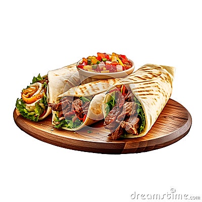 Burritos Wrapped with Beef and Vegetables on wooden plate Stock Photo