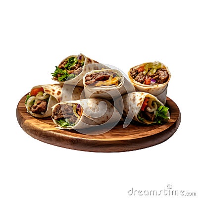 Burritos Wrapped with Beef and Vegetables on wooden plate Stock Photo