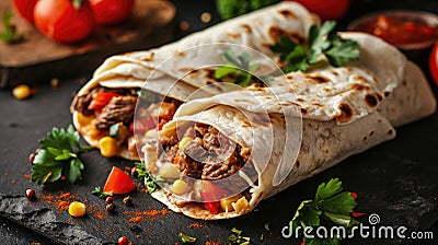 Burritos wraps with beef and vegetables on black background Stock Photo