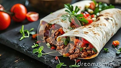 Burritos wraps with beef and vegetables on black background Stock Photo