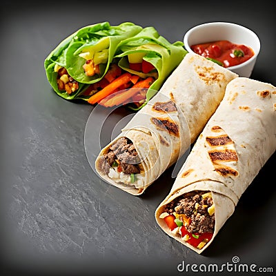 Burritos wraps with beef and vegetables on black background. Stock Photo