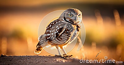 Burrowing Owl (Athene noctua) at sunset Stock Photo