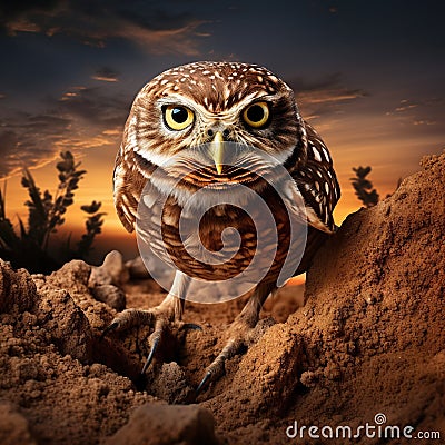 Ai Generated illustration Wildlife Concept of Burrowing Owl Cartoon Illustration