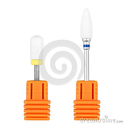 Burs for manicure ad pedicure, ceramic nail drill bit. Medical instrument. On isolated white background. Stock Photo