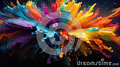 A burst of bright multi-colored paints on a dark background Stock Photo