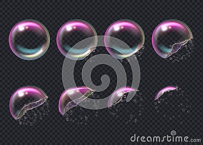 Burst bubbles. Key frames of transparent deformed bubbles aqua sphere shiny liquid drops vector realistic Vector Illustration