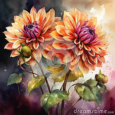Burst of Color: A Watercolor Dahlias Bouquet to Brighten Your Day AI Generated Stock Photo