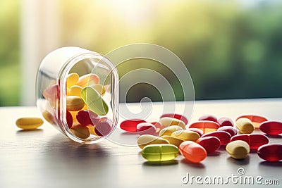 Burst of flavor in a jar: Gummy supplements, chewable vitamins beckoning from a glass container, a tasty daily ritual Stock Photo