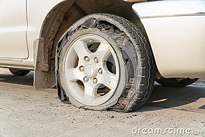 Burst tire car Stock Photo