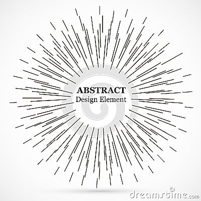 Bursting lines.Set of circular rays.Assymetric radial elements.Linear drawing.Vector illustration pattern.Monochrome explosion Vector Illustration