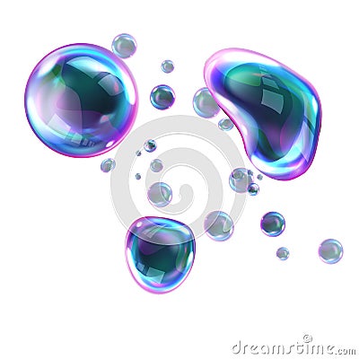 Bursting soap rainbow bubbles with reflections Vector Illustration
