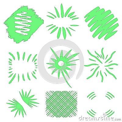 Bursts vector. Hand drawn sun bursts on white background. Neon green geometric shapes. Big collection set. Grunge art Vector Illustration