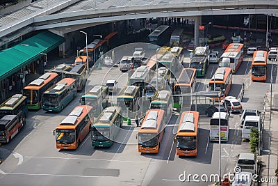 bus depot during busy rush hour, with buses departing and arriving every minute Stock Photo