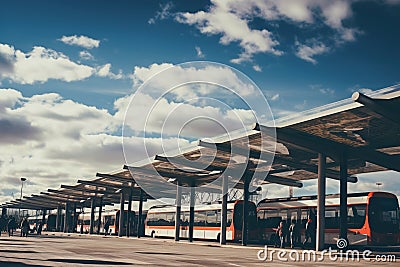 Bus garage with passenger buses. Stock Photo